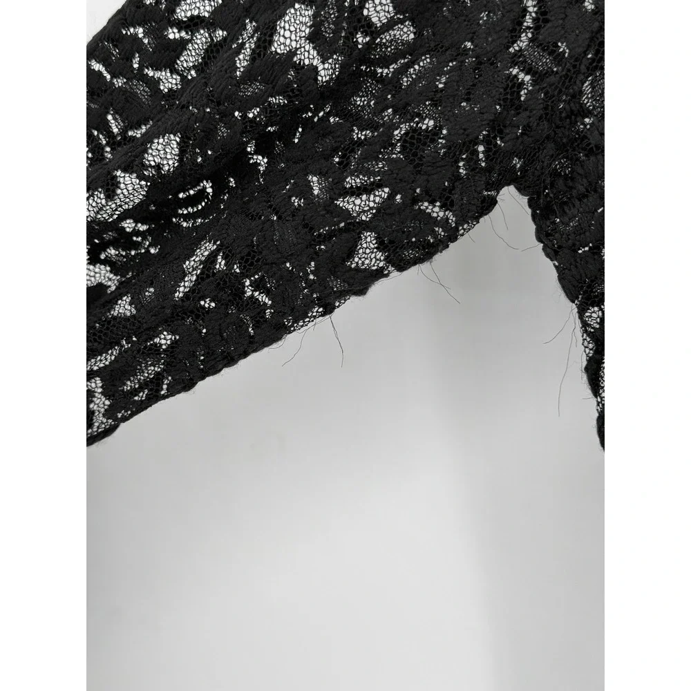 Womens Black Whimsigoth Floral Lace V-Neck Fitted Sheer Top 3/4 Sleeve Grunge